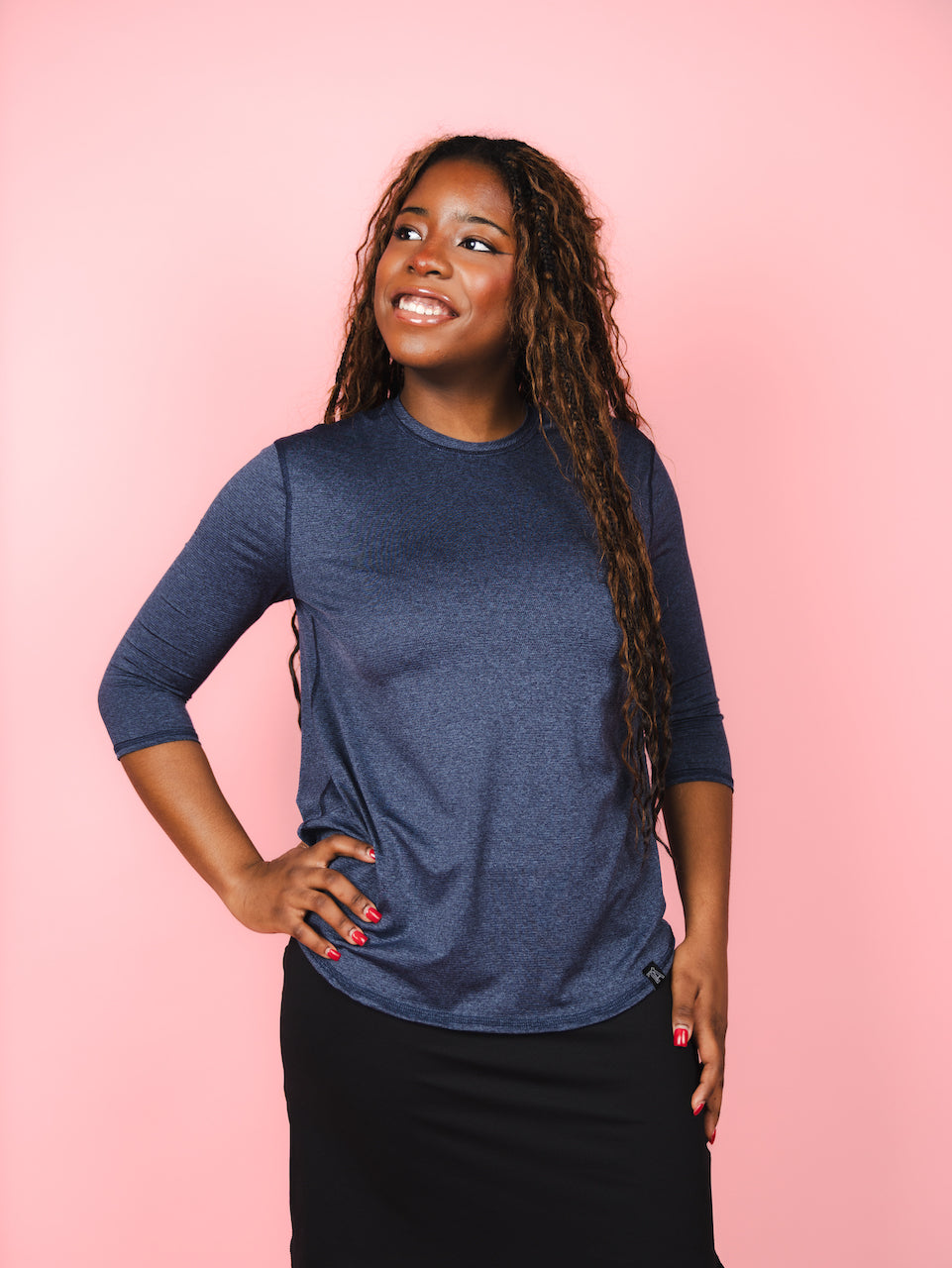 Performance Quarter Sleeve Mesh Top in Denim
