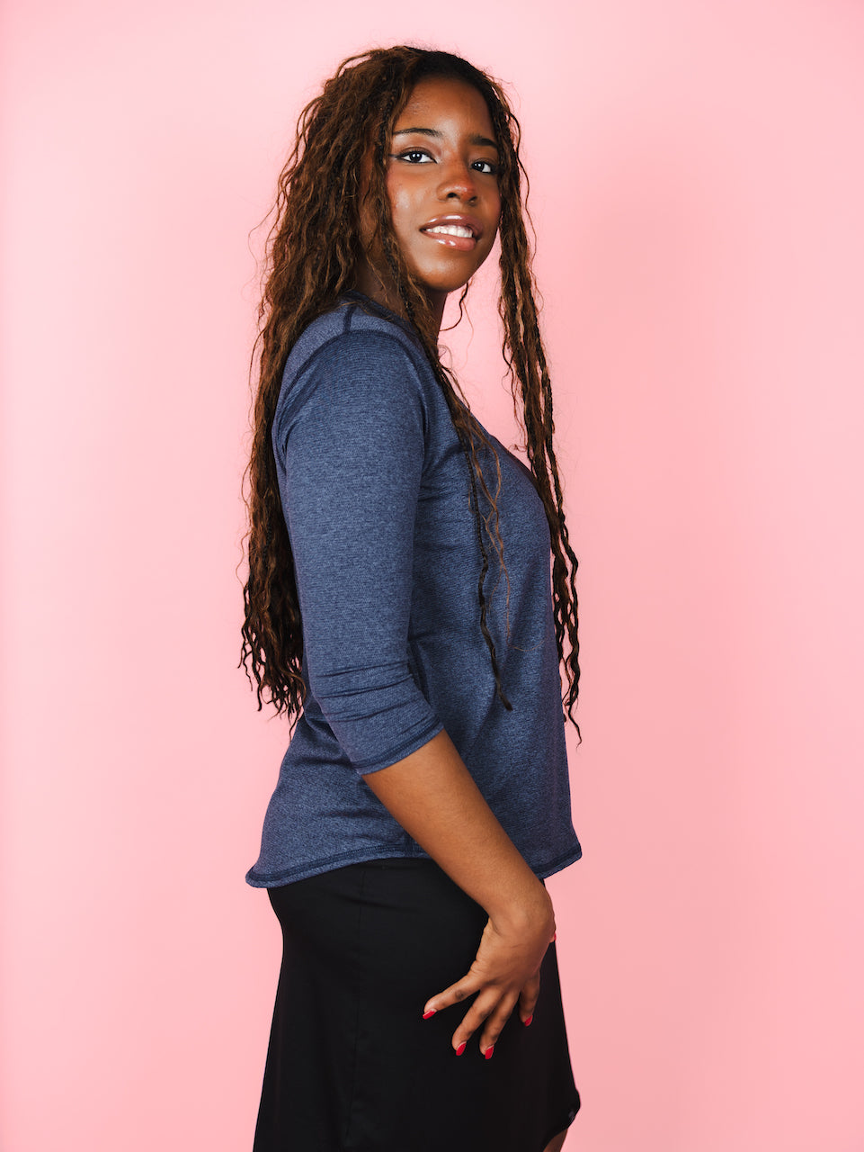 Performance Quarter Sleeve Mesh Top in Denim