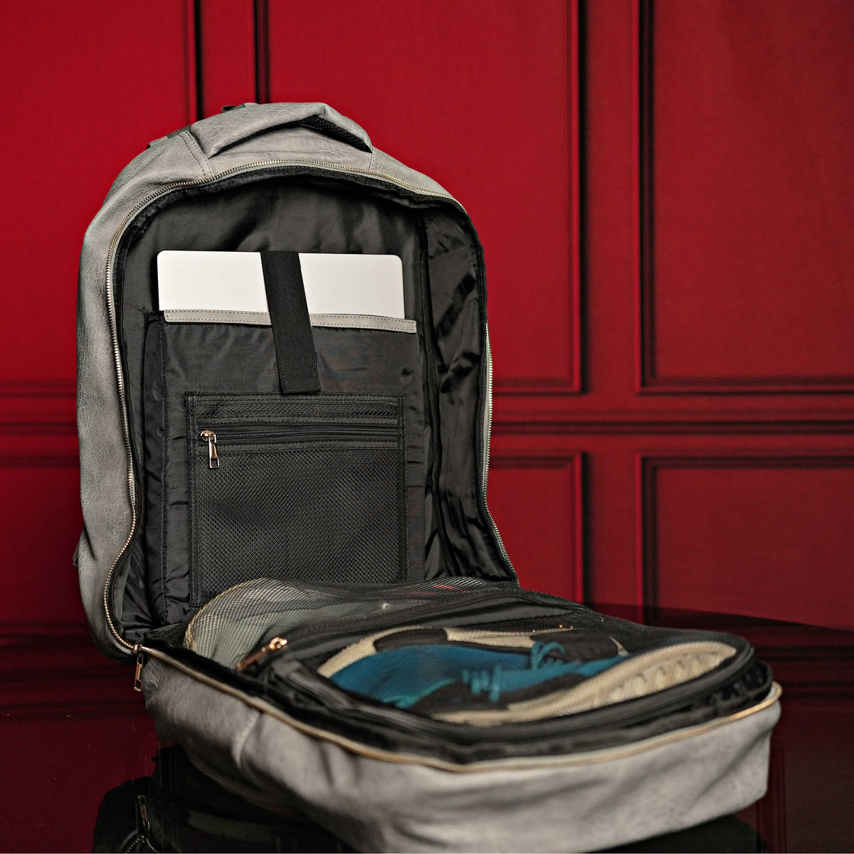 Grey Leather XL Commuter Backpack with Shoe Storage