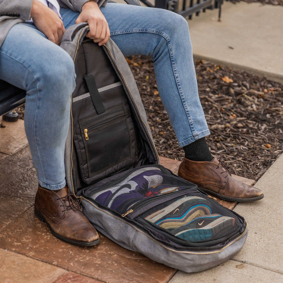 Grey Leather XL Commuter Backpack with Shoe Storage