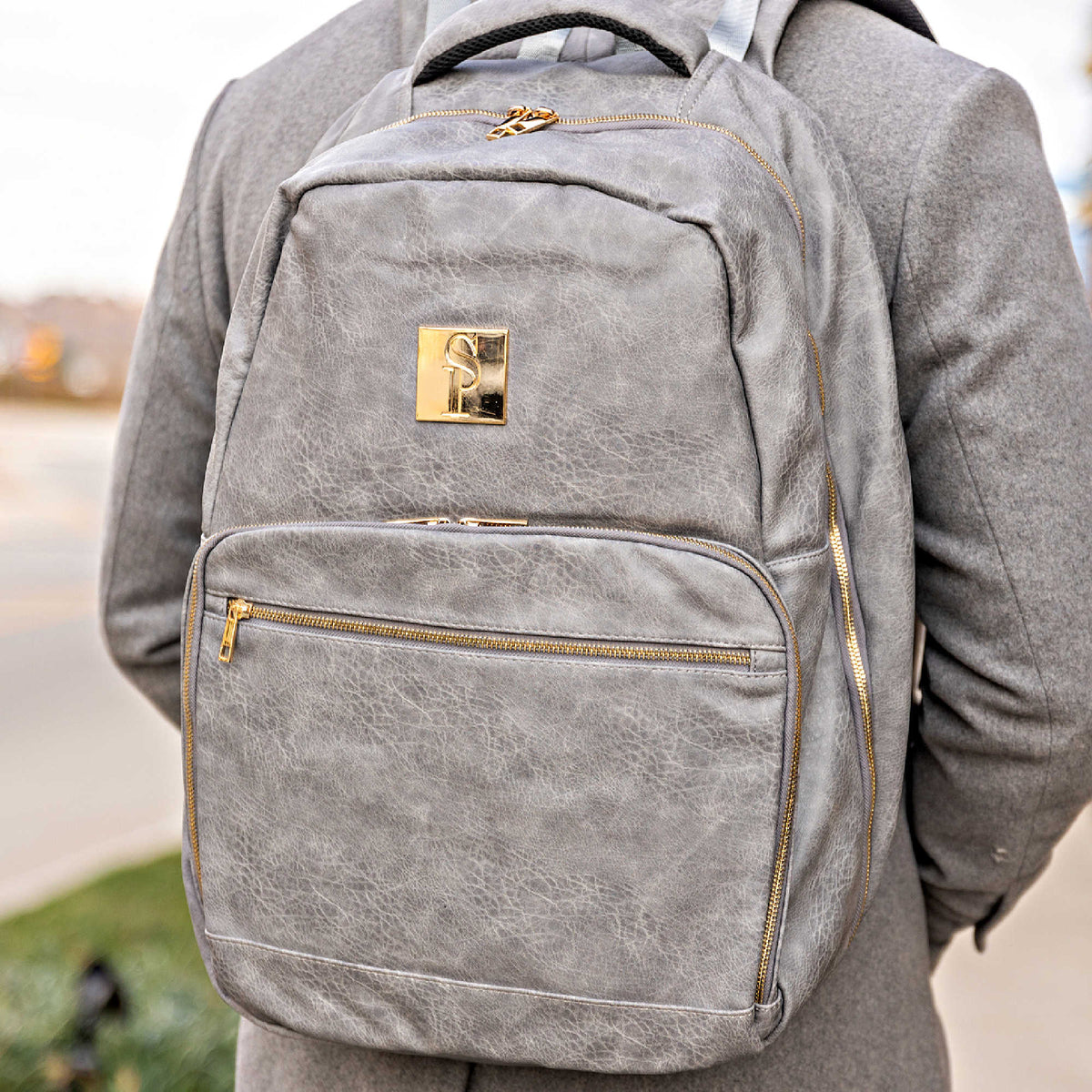 Grey Leather XL Commuter Backpack with Shoe Storage