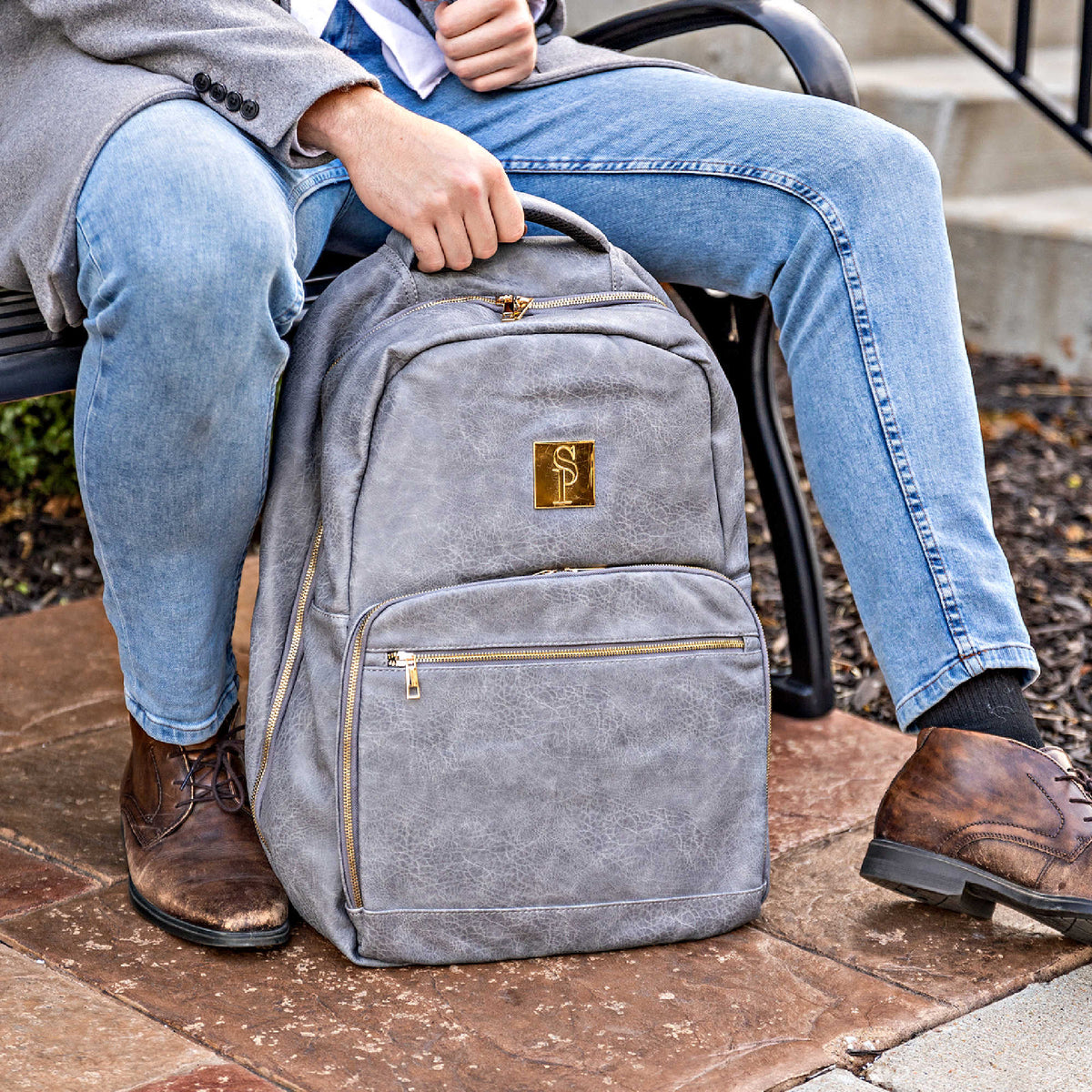Grey Leather XL Commuter Backpack with Shoe Storage