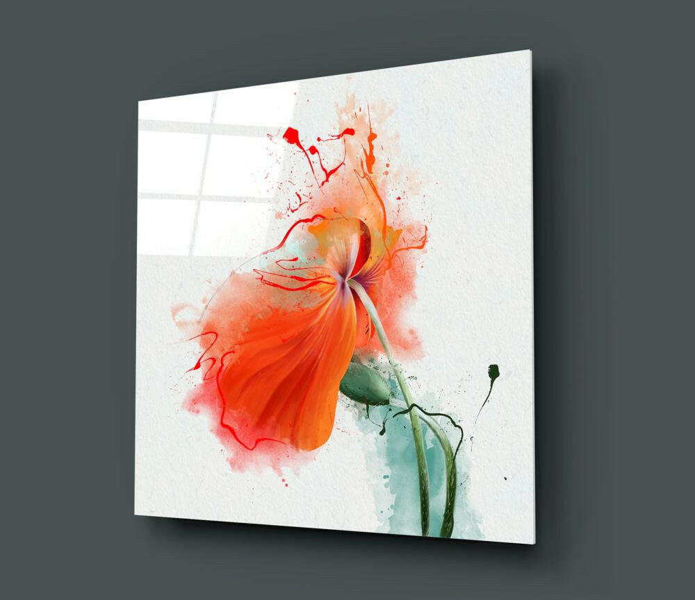 Décoration murale en verre avec coquelicot aquarelle orange