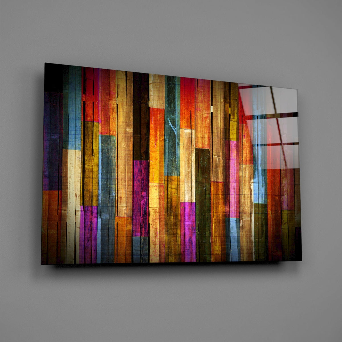 Décoration murale en verre à rayures multicolores effet planches de bois