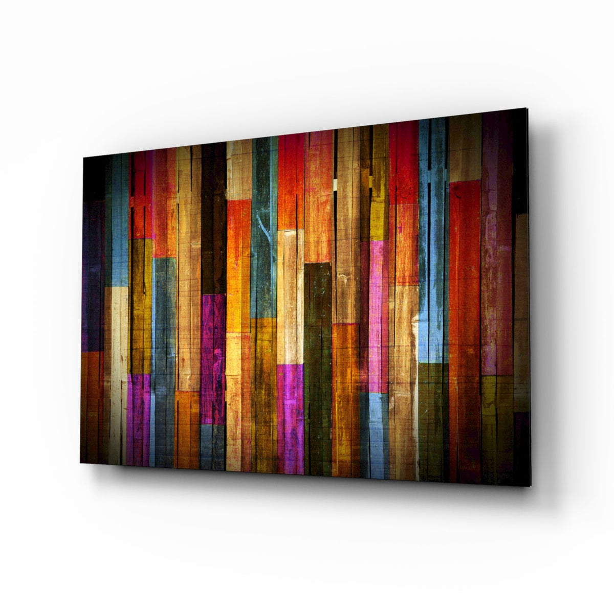Décoration murale en verre à rayures multicolores effet planches de bois