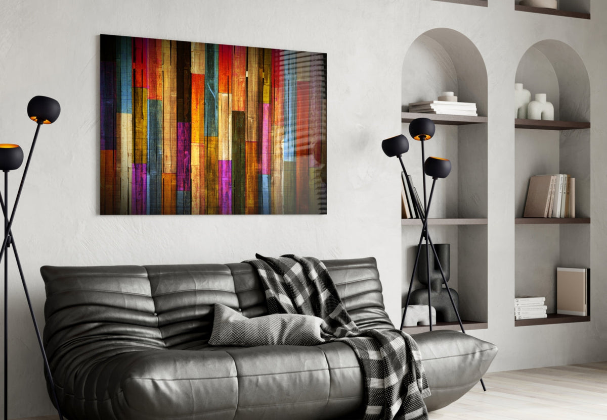 Décoration murale en verre à rayures multicolores effet planches de bois