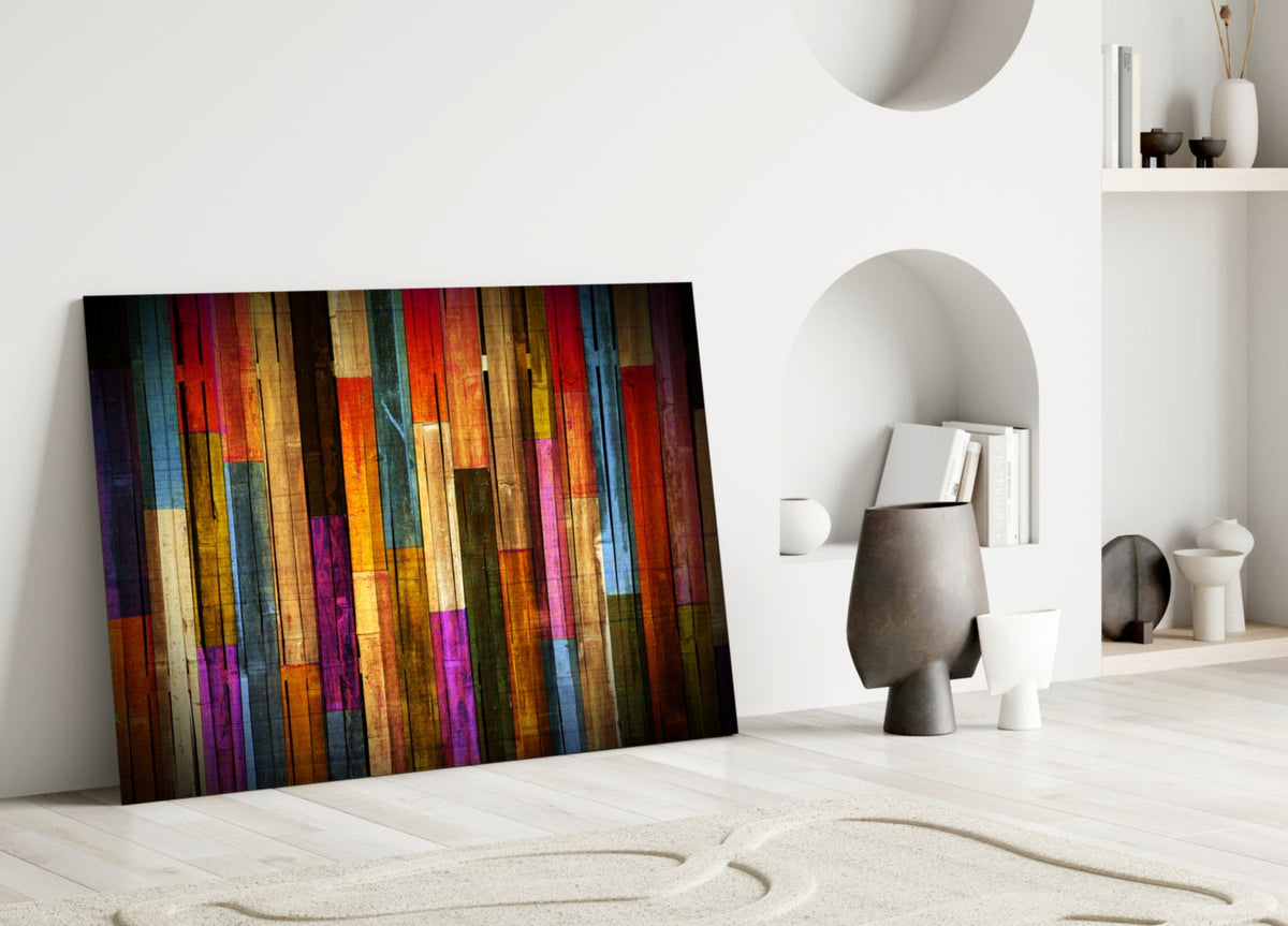 Décoration murale en verre à rayures multicolores effet planches de bois