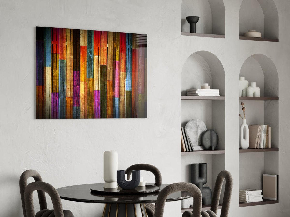 Décoration murale en verre à rayures multicolores effet planches de bois