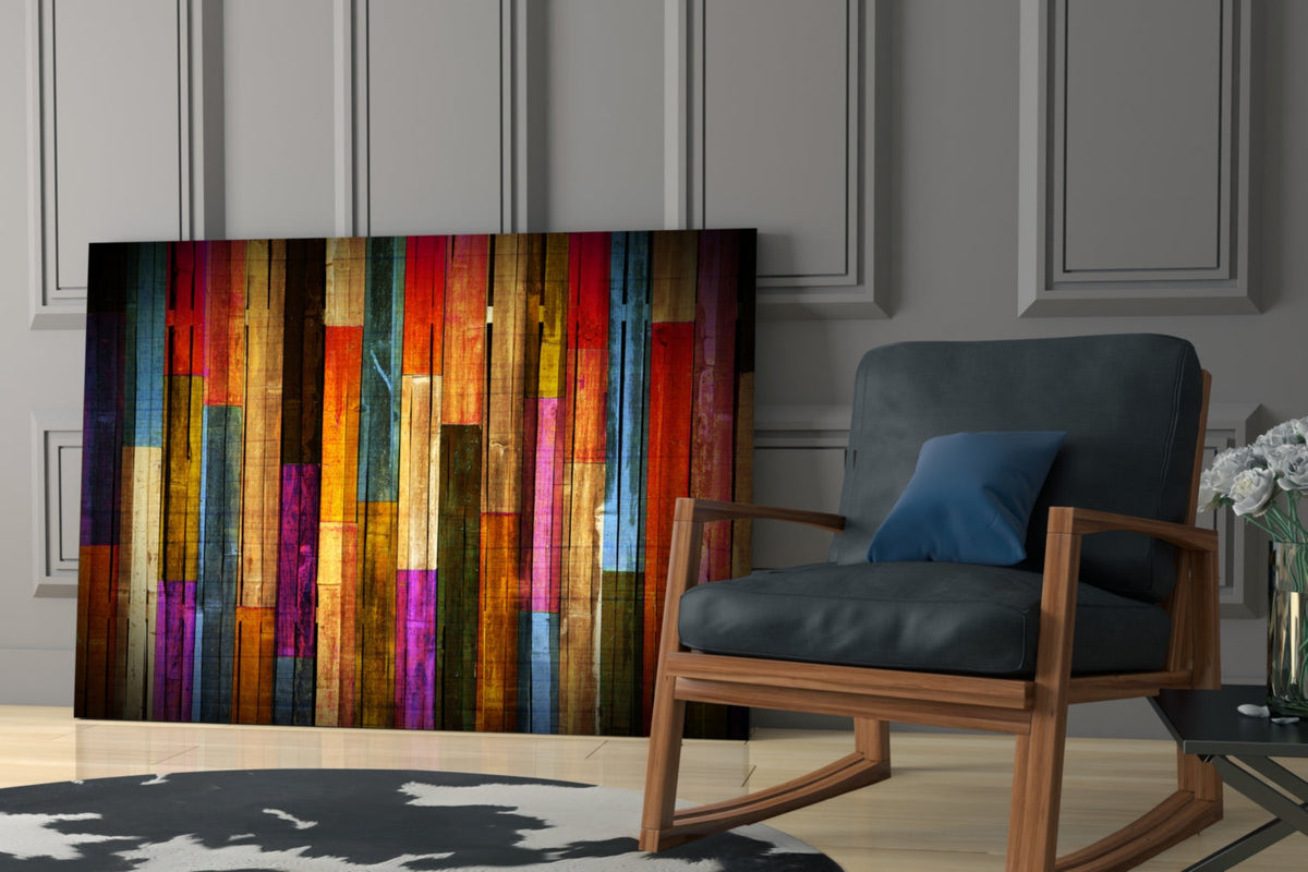 Décoration murale en verre à rayures multicolores effet planches de bois