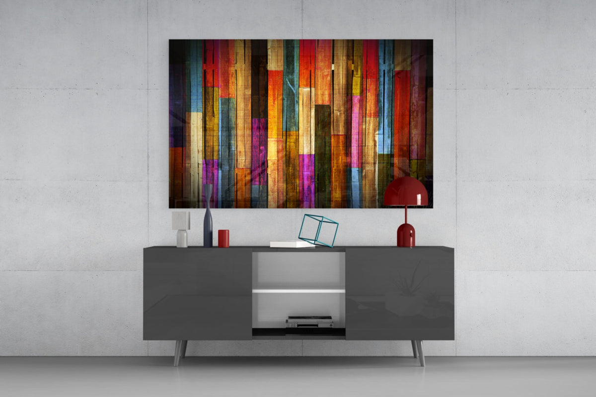 Décoration murale en verre à rayures multicolores effet planches de bois