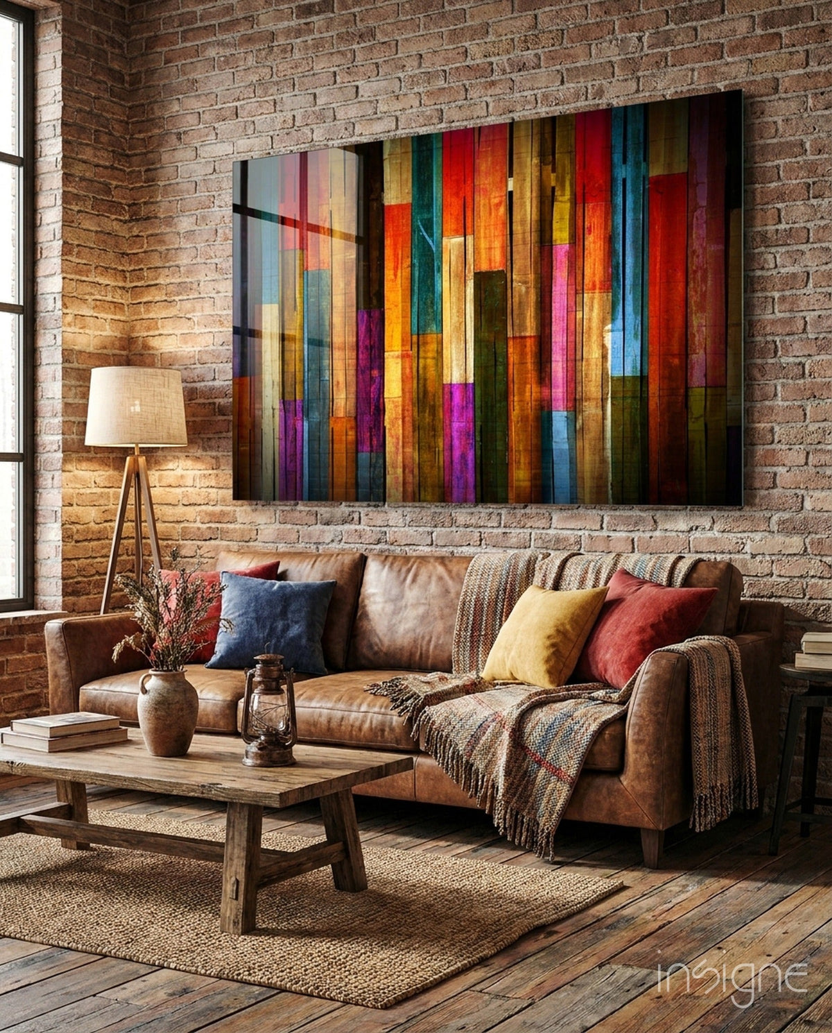 Décoration murale en verre à rayures multicolores effet planches de bois