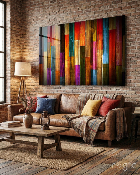 Décoration murale en verre à rayures multicolores effet planches de bois
