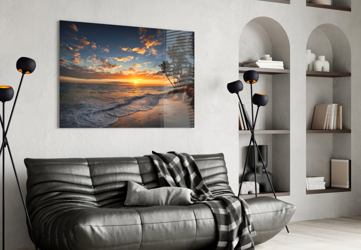 Décoration murale en verre : coucher de soleil doré sur le littoral et palmiers
