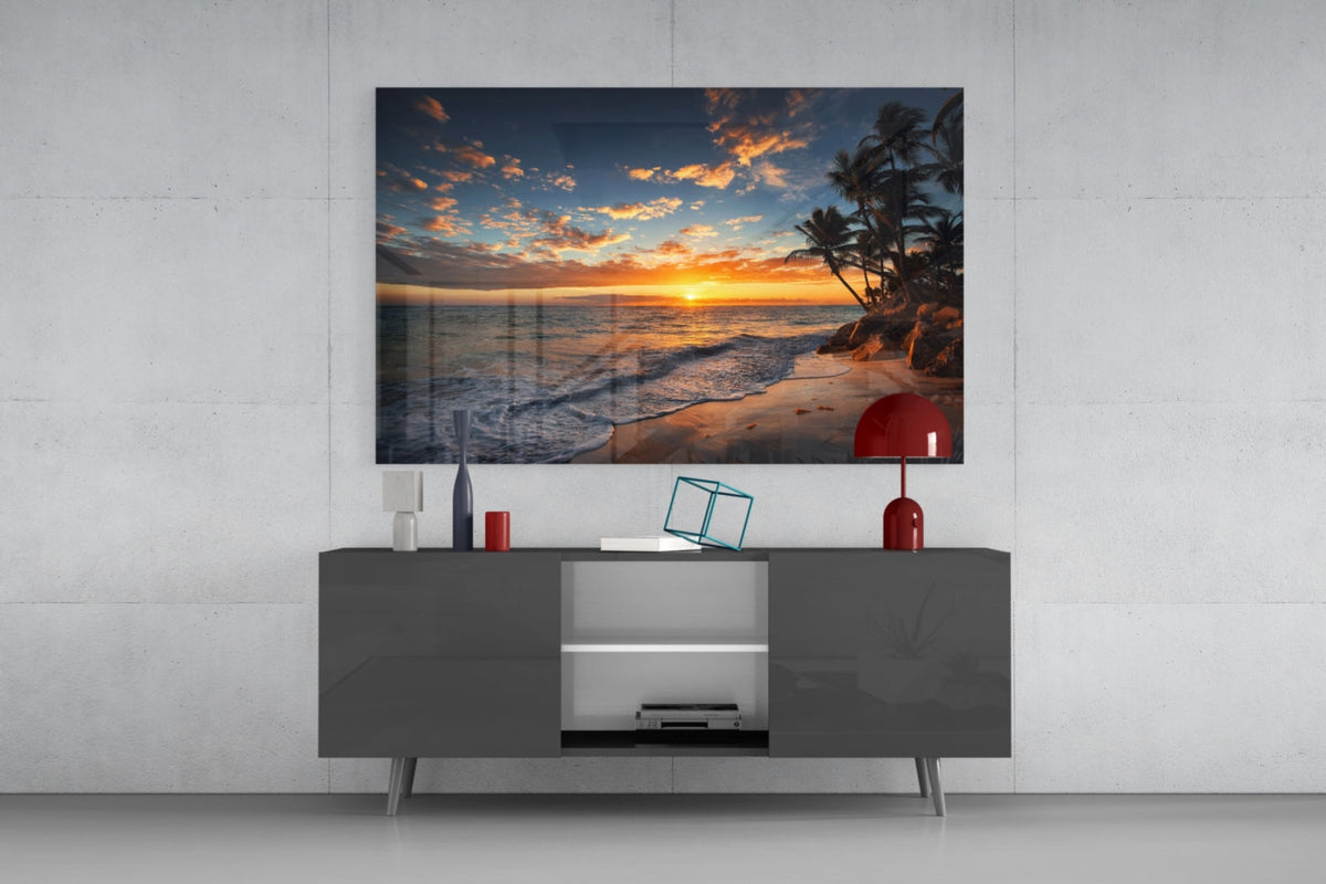 Décoration murale en verre : coucher de soleil doré sur le littoral et palmiers
