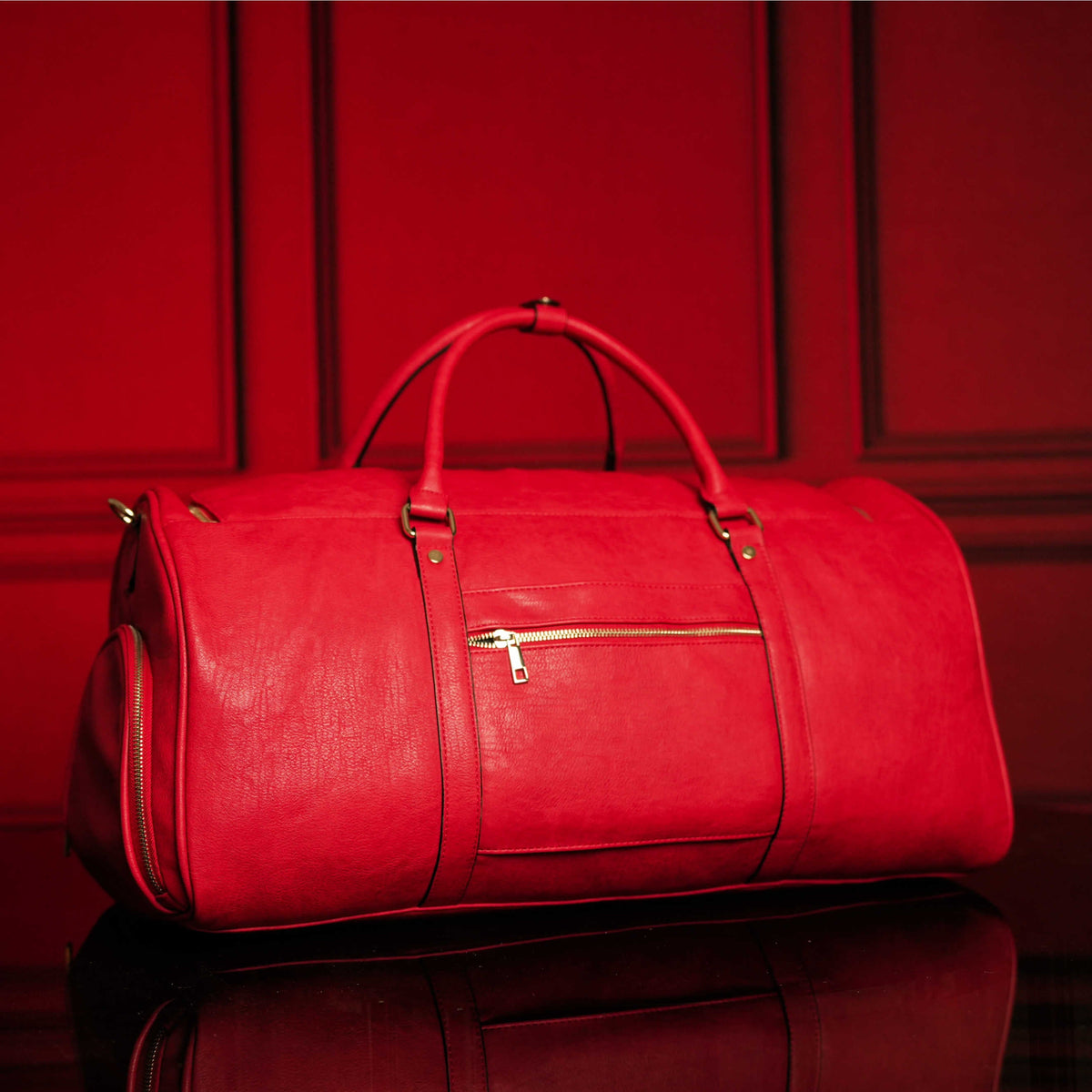 Red Tumbled Leather Weekender Duffle Bag