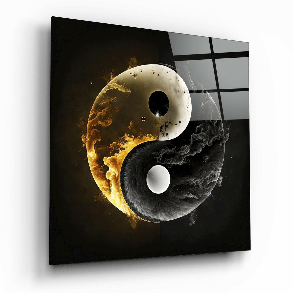 Golden Flame And Smoke Yin Yang Glass Wall Art