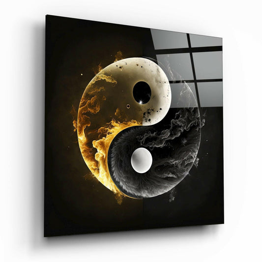 Décoration murale en verre Yin Yang flamme et fumée dorées