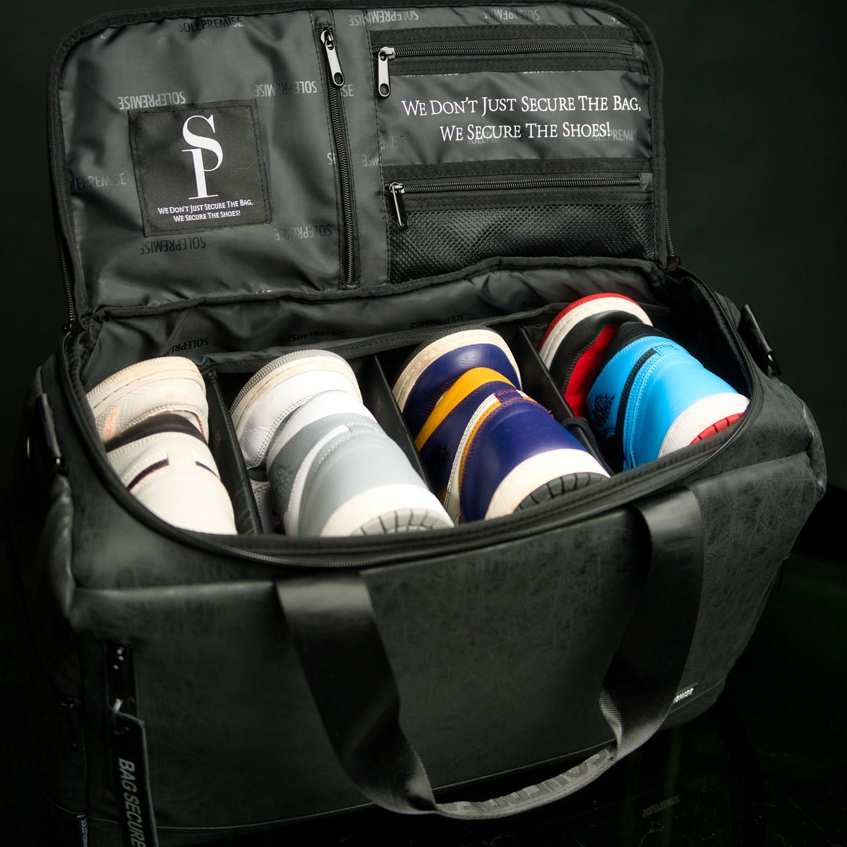 Black Leather Sneaker Duffel Bag with Removable Dividers