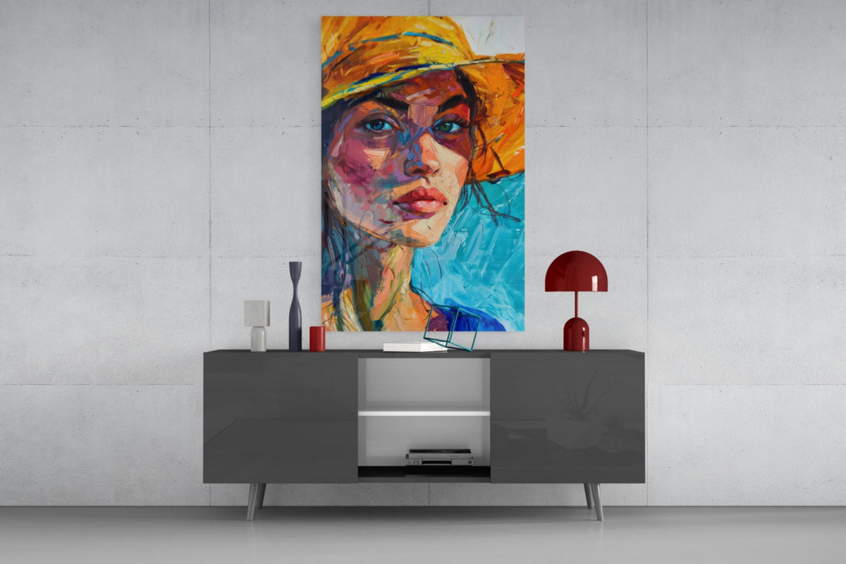 Tableau en verre Femme au chapeau orange || Collection de designer