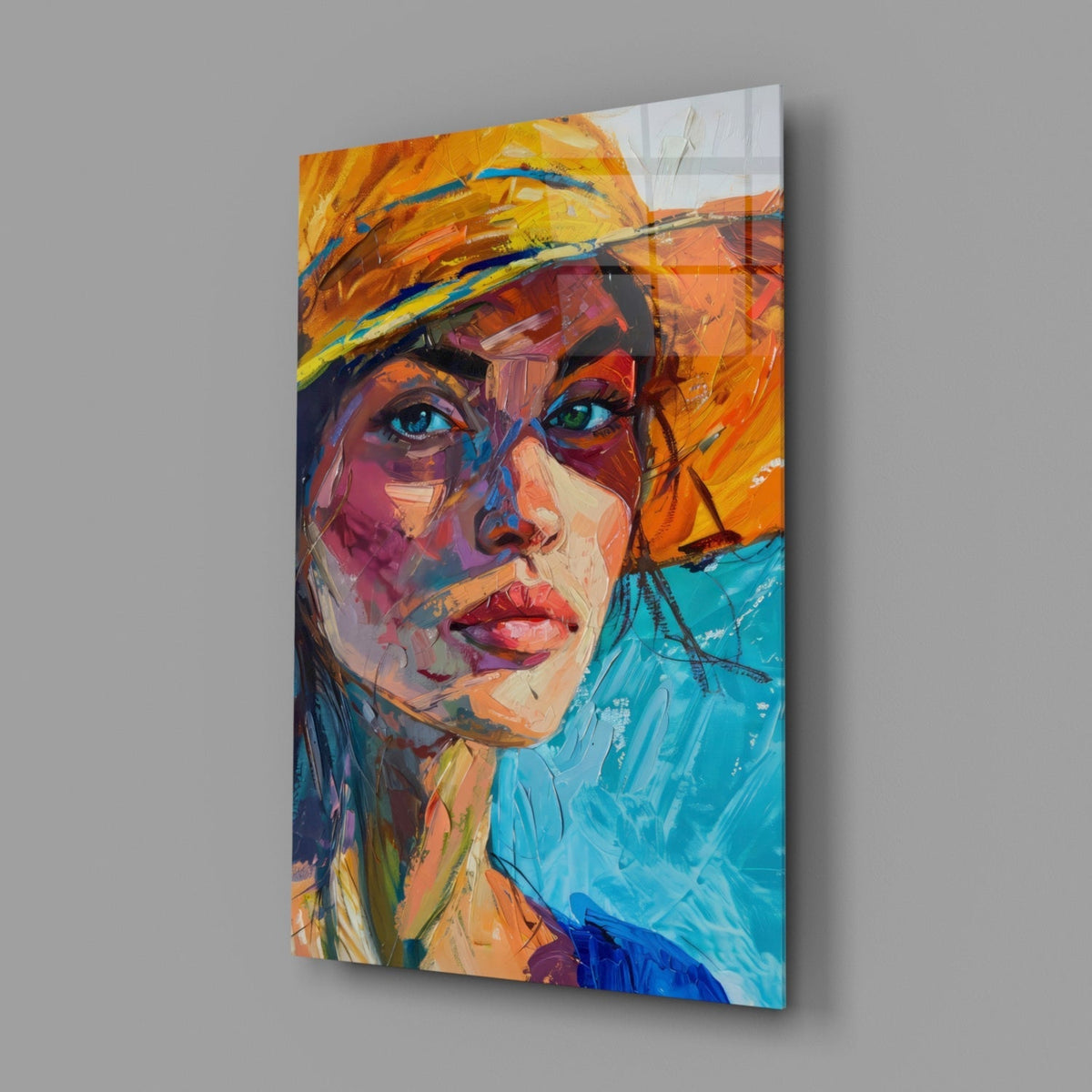 Tableau en verre Femme au chapeau orange || Collection de designer