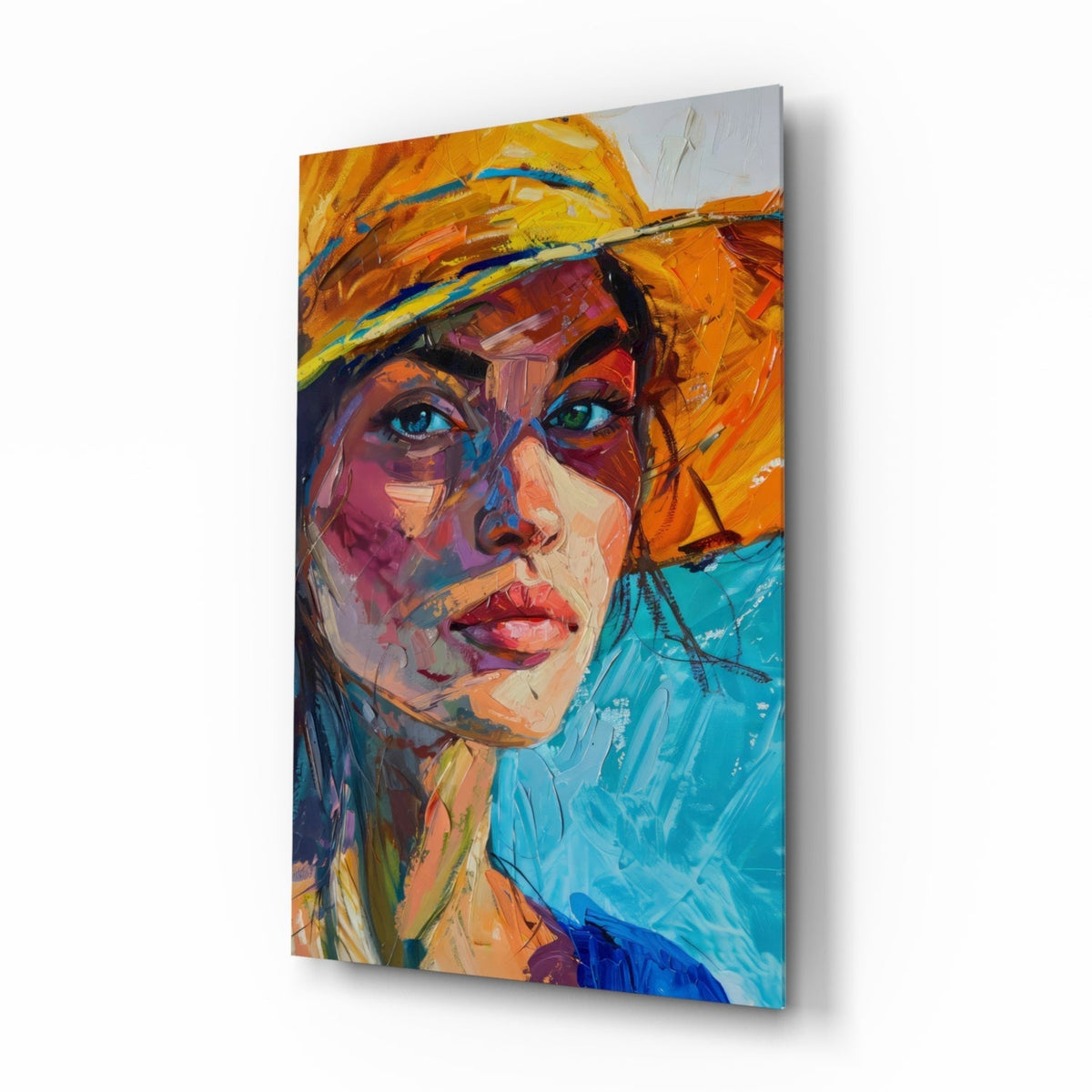 Tableau en verre Femme au chapeau orange || Collection de designer