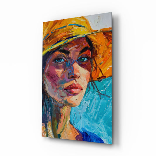 Tableau en verre Femme au chapeau orange || Collection de designer