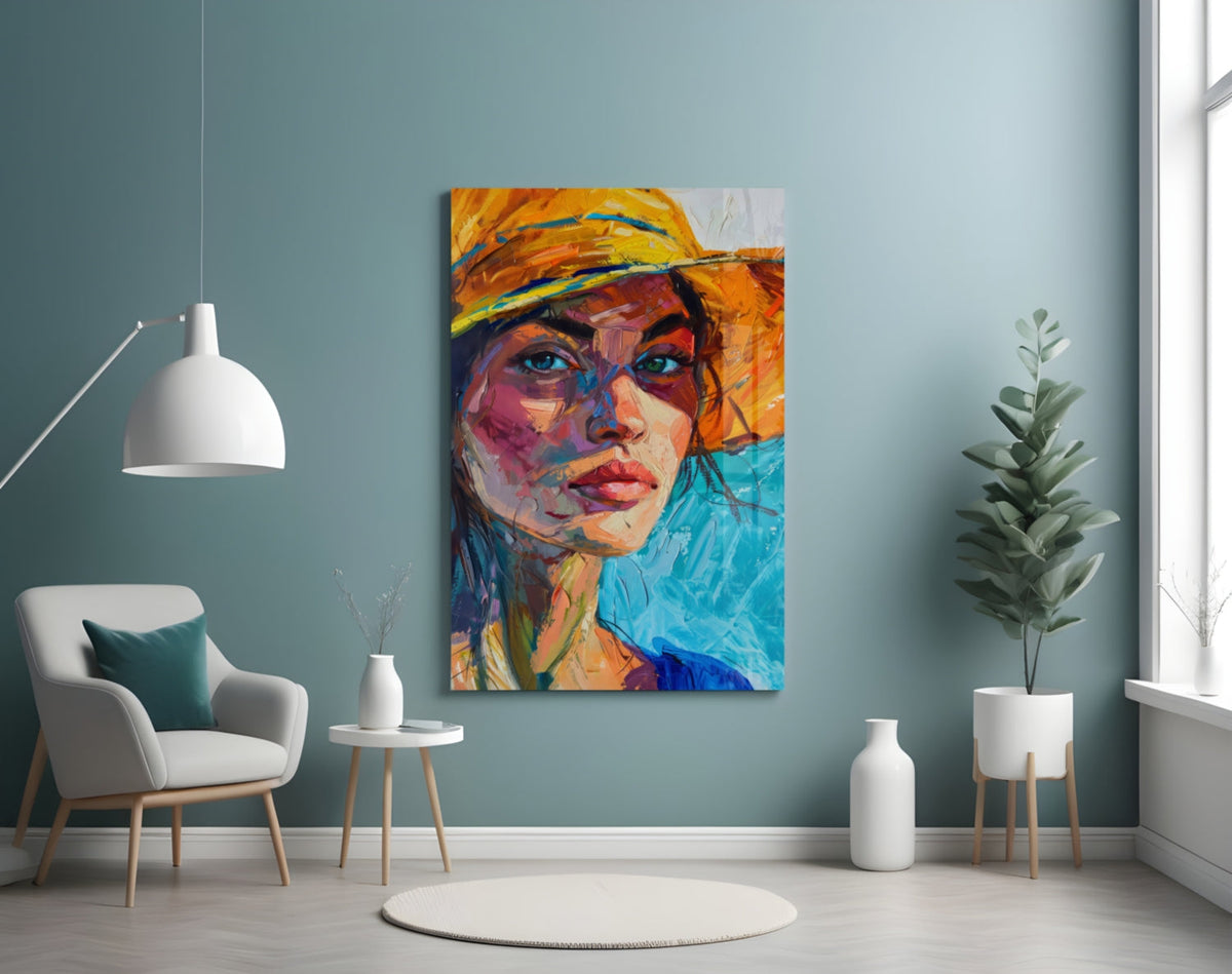 Tableau en verre Femme au chapeau orange || Collection de designer