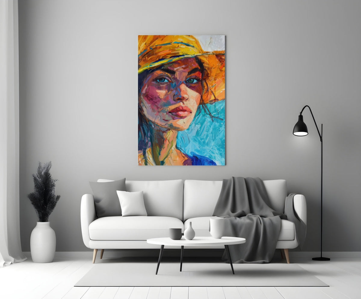 Tableau en verre Femme au chapeau orange || Collection de designer