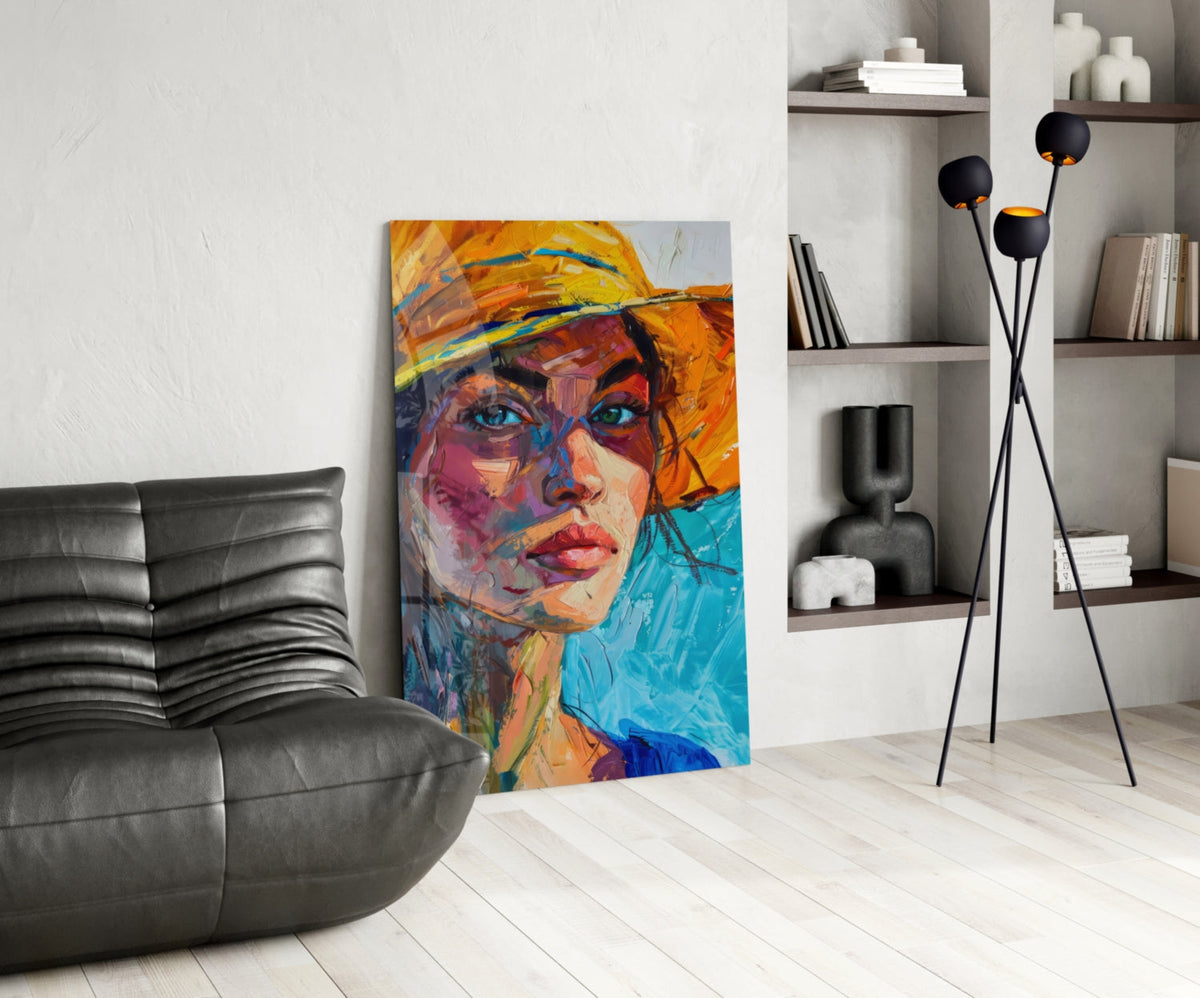 Tableau en verre Femme au chapeau orange || Collection de designer
