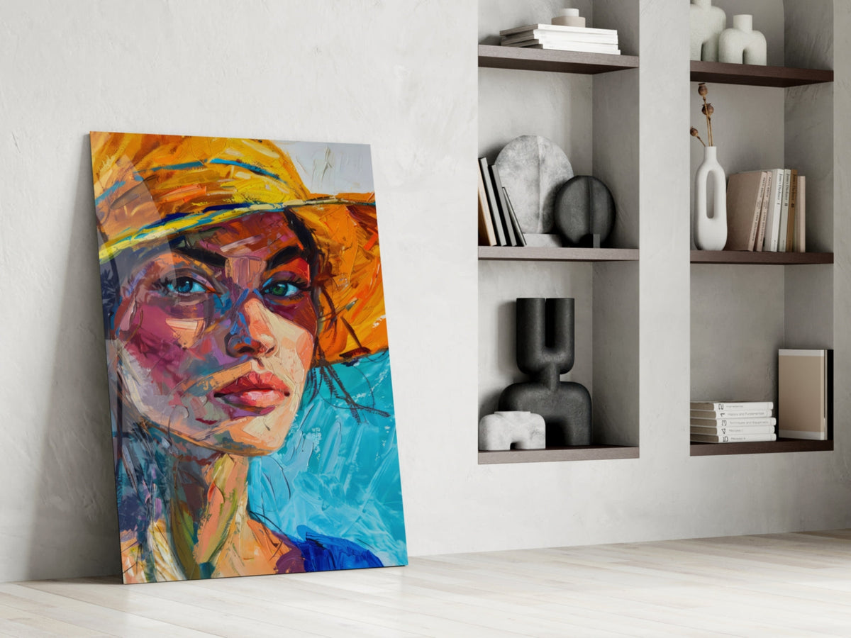 Tableau en verre Femme au chapeau orange || Collection de designer