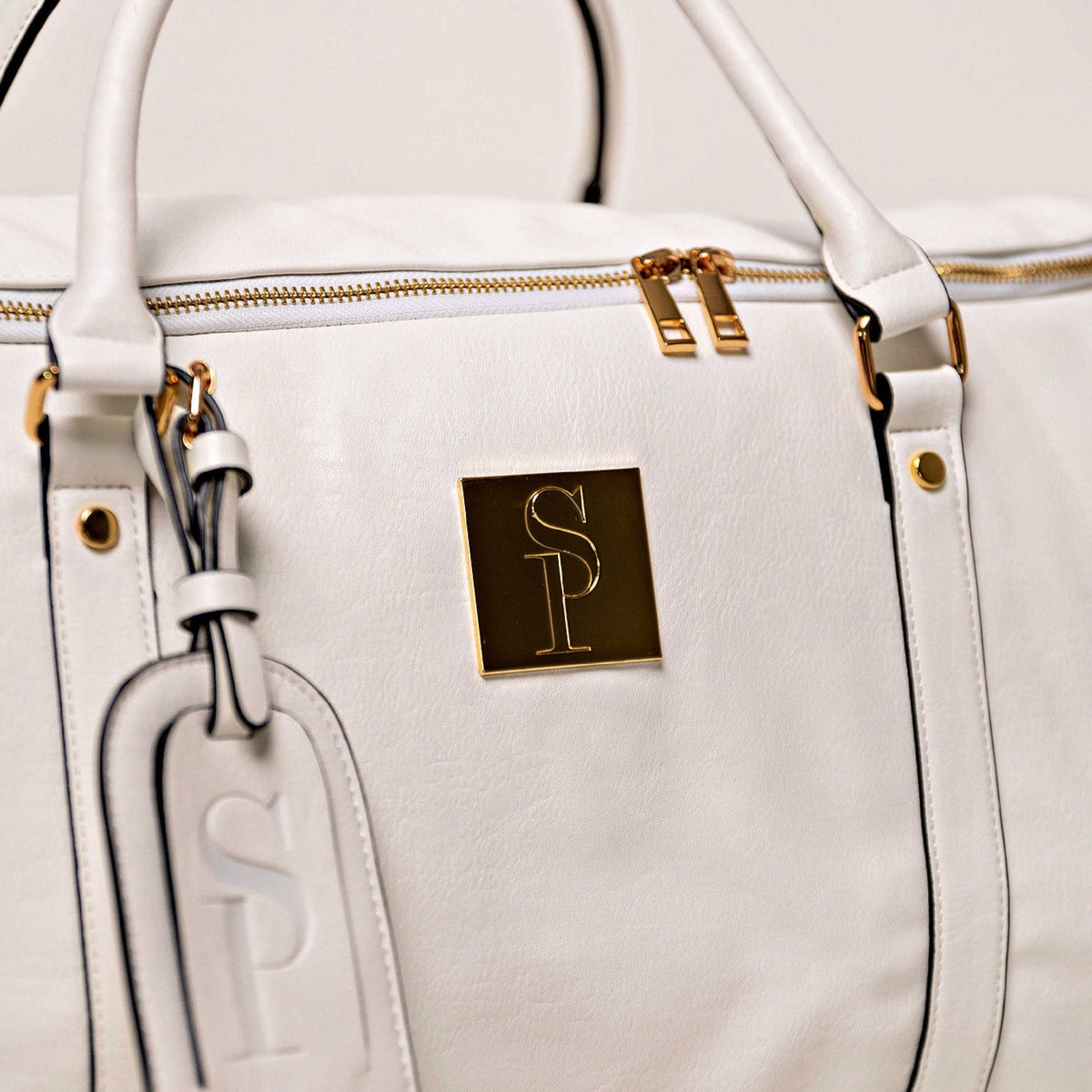 White Leather Weekender Duffle Bag