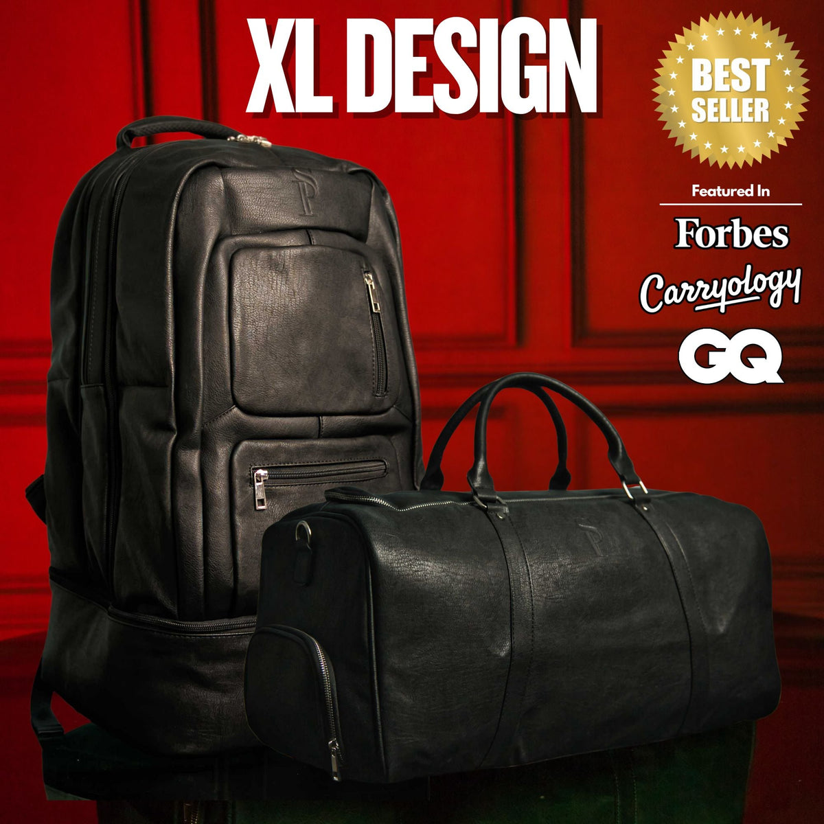 Black Leather XL Signature Bag Set (XL Signature Backpack and Duffle Bag)