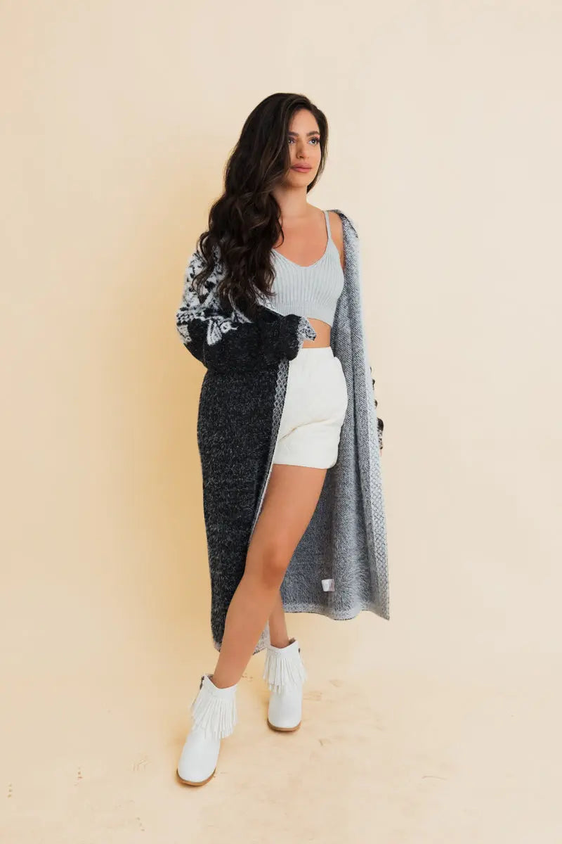 Hooded Fair Isle Longline Knit Cardigan