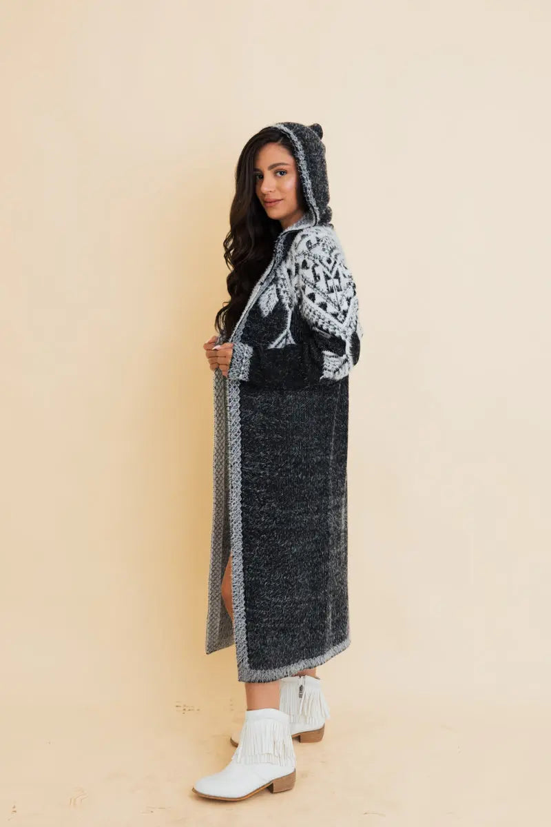 Hooded Fair Isle Longline Knit Cardigan