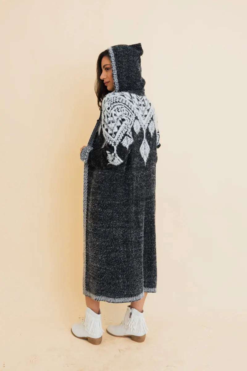 Hooded Fair Isle Longline Knit Cardigan