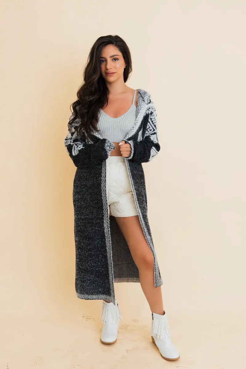Hooded Fair Isle Longline Knit Cardigan