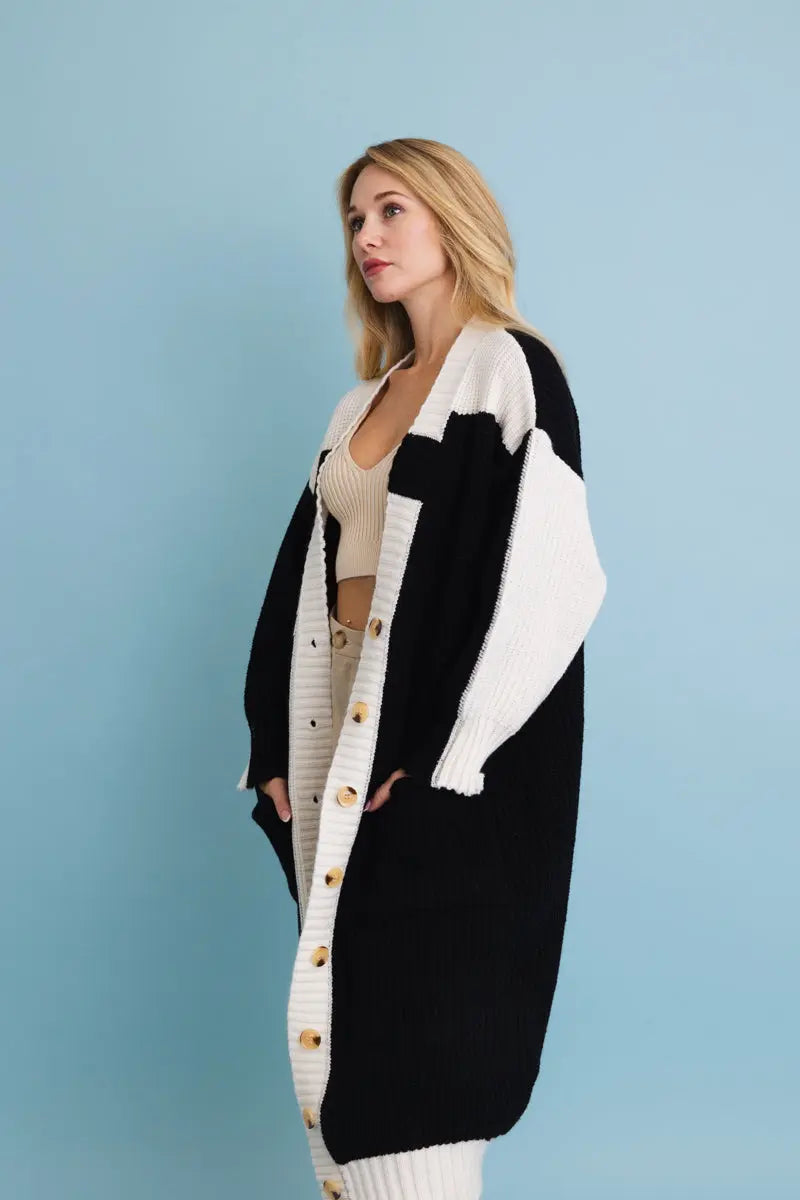 Oversized Color-Block Button-Up Knit Cardigan