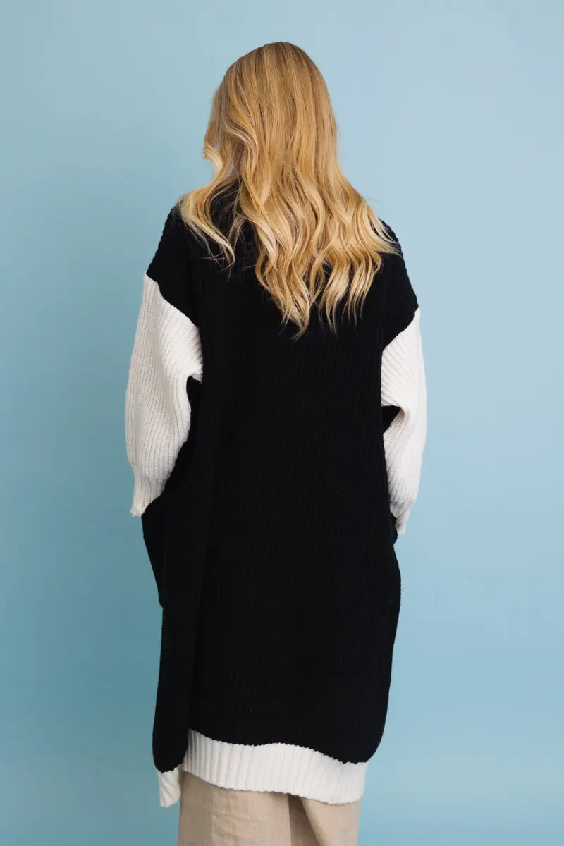 Oversized Color-Block Button-Up Knit Cardigan