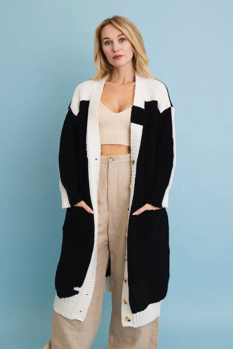 Oversized Color-Block Button-Up Knit Cardigan