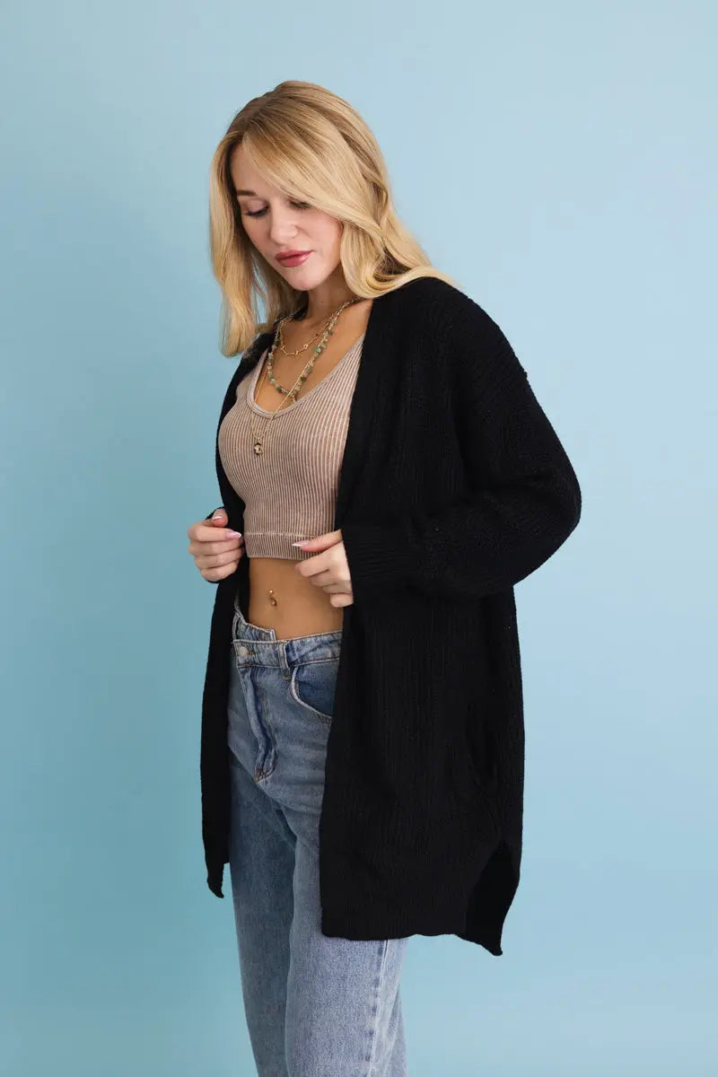 Open-Front Waffle Knit Long Cardigan