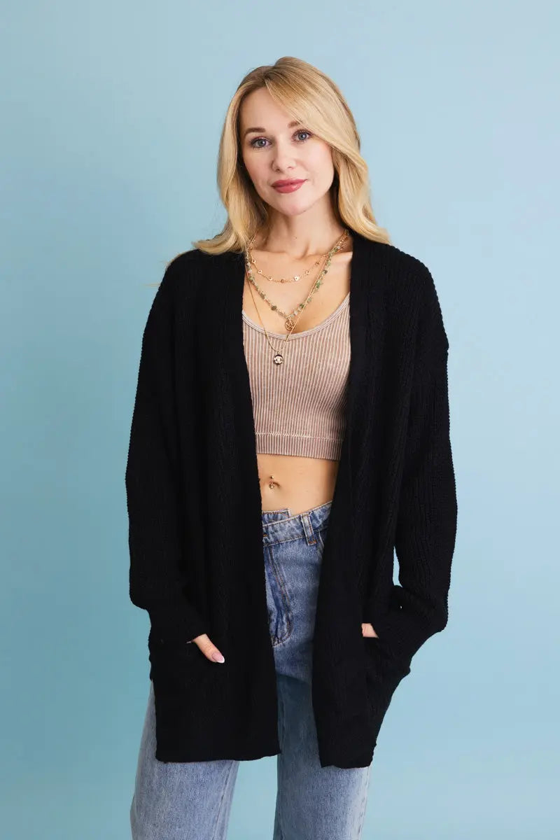 Open-Front Waffle Knit Long Cardigan
