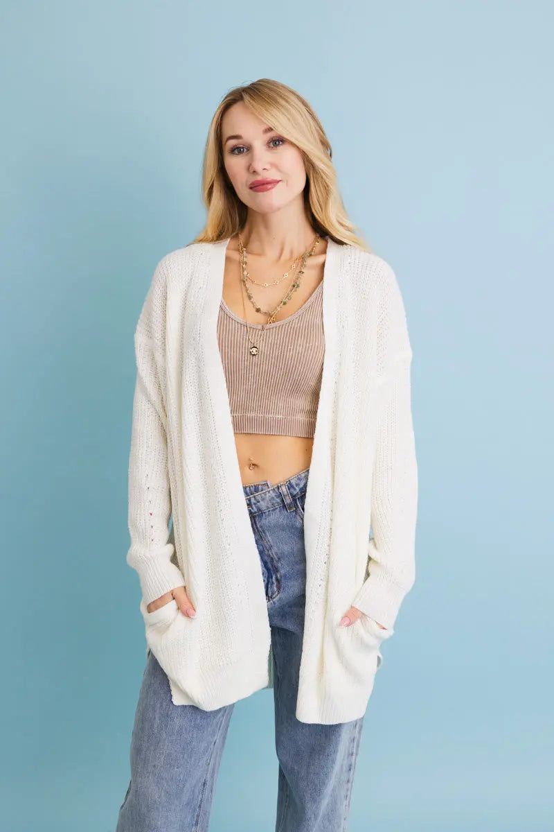 Open-Front Waffle Knit Long Cardigan
