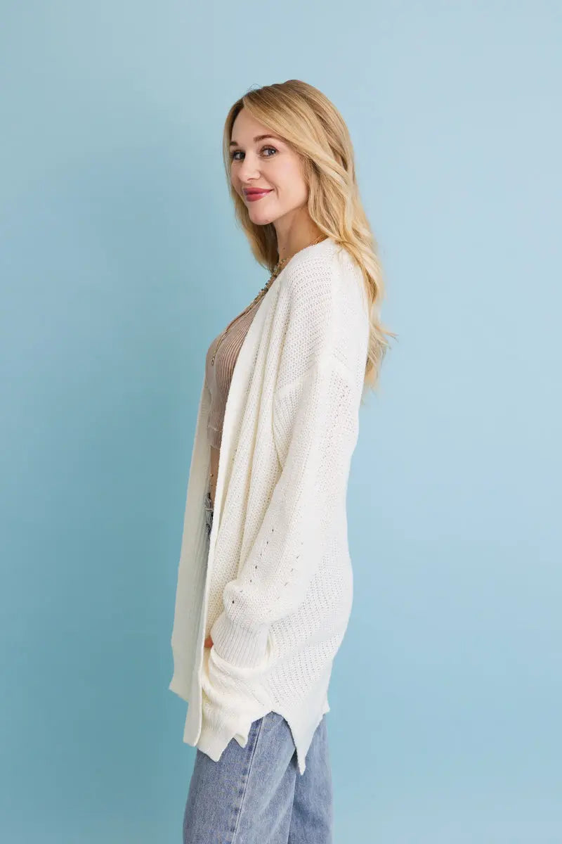 Open-Front Waffle Knit Long Cardigan