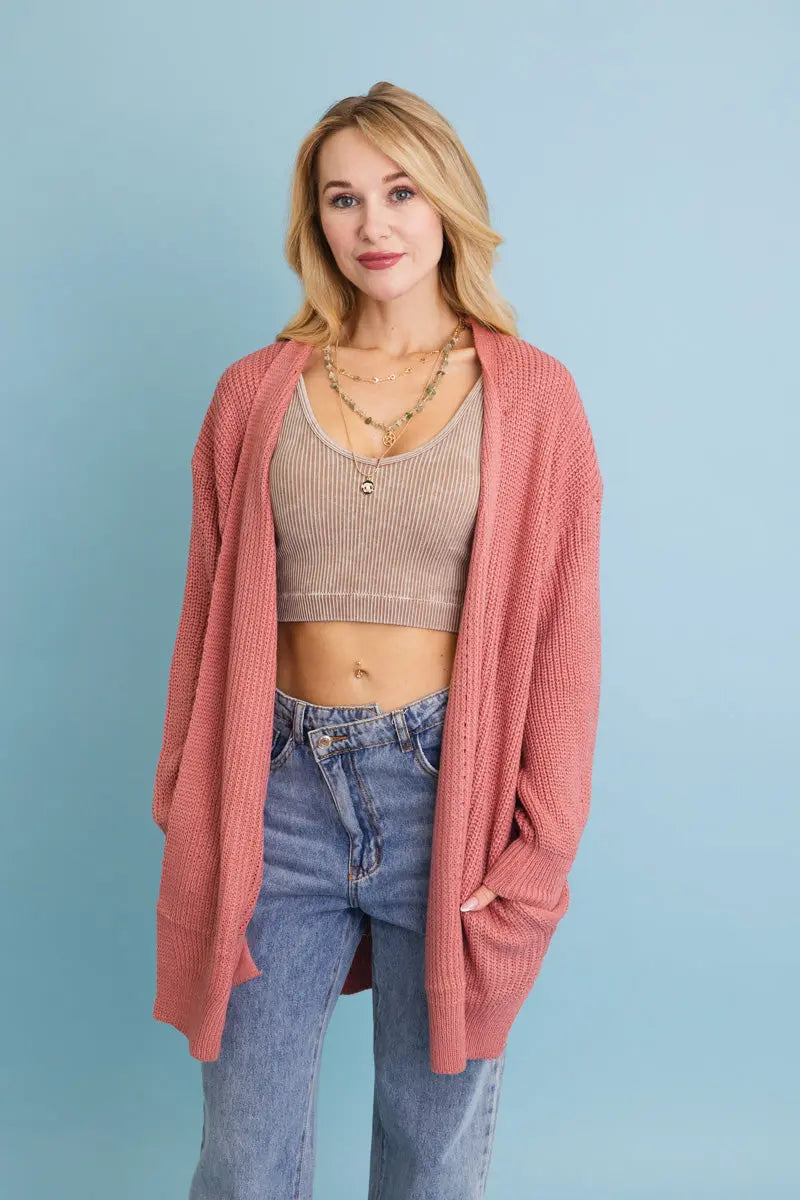Open-Front Waffle Knit Long Cardigan