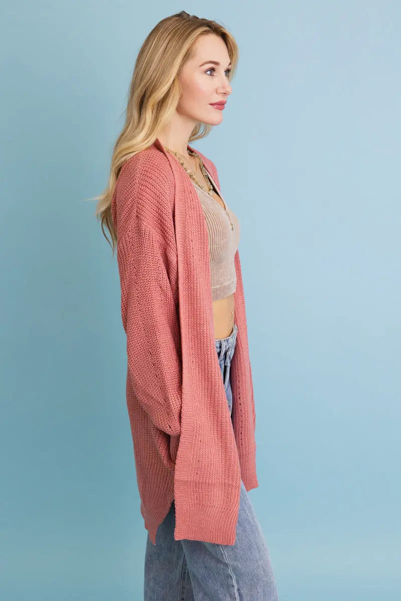 Open-Front Waffle Knit Long Cardigan