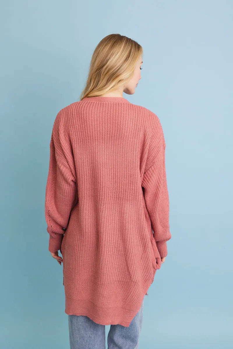 Open-Front Waffle Knit Long Cardigan