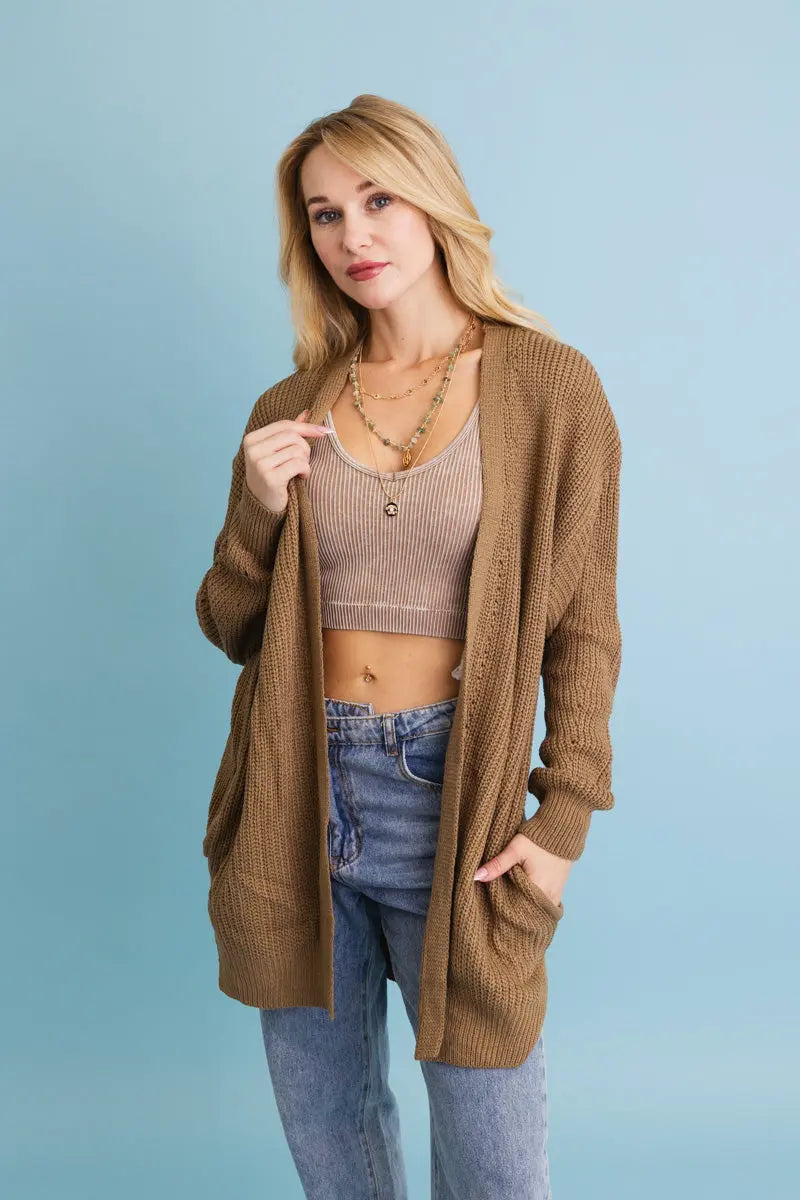 Open-Front Waffle Knit Long Cardigan