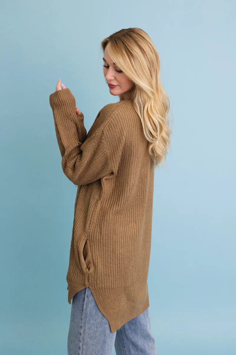 Open-Front Waffle Knit Long Cardigan