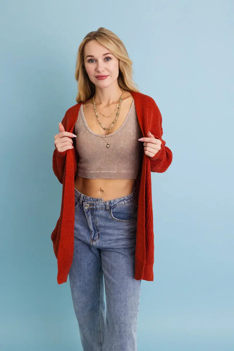 Open-Front Waffle Knit Long Cardigan