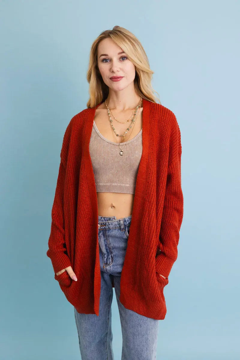 Open-Front Waffle Knit Long Cardigan